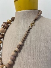 Vintage Chunky Wood and Gold-Tone Metal Mixed Bead Statement Necklace