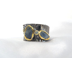 Brutalist Sterling Silver 925 Raw Natural Sapphire Modernist Size 9 Ring