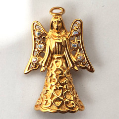 VTG 90s Trifari Designer Signed Angel Christmas Brooch Pin Pendant 6 Rhinestones