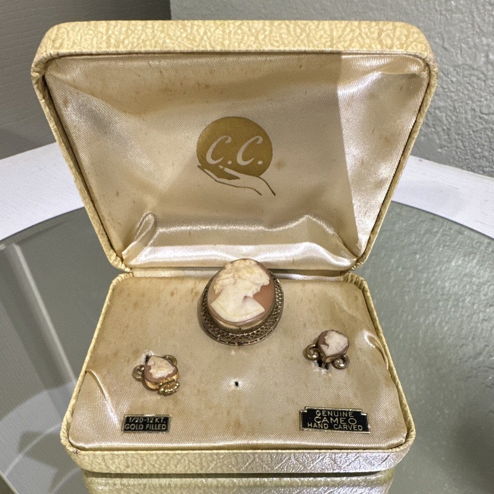 Vintage Hand Carved Cameo Brooch & Earrings Set 12K Gold Filled