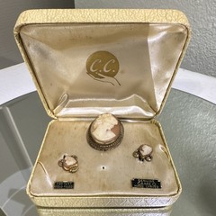 Vintage Hand Carved Cameo Brooch & Earrings Set 12K Gold Filled