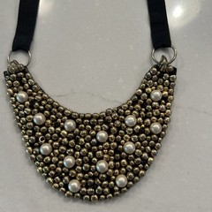 Vintage Beaded Collar Choker Necklace Imitation Pearls Gold Black Ribbon Retro