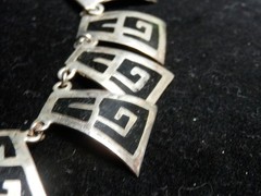 Mexico Alpaca Silver Greek Key Bib Necklace • Choker Bar Link Chain 19″ Enamel