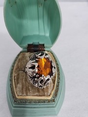 Western Germany Large Topaz Glass Rhinestone Ring Art Nouveau Silver-toned Adj.