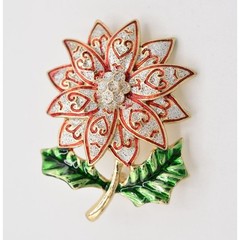 Vintage Christmas Flower Pin Brooch Glitter Enamel Red Silver Gold NOS BinA3
