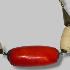 Vintage Tribal Bead Necklace Red Center Carved Beads Brass Boho Ethnic 18″