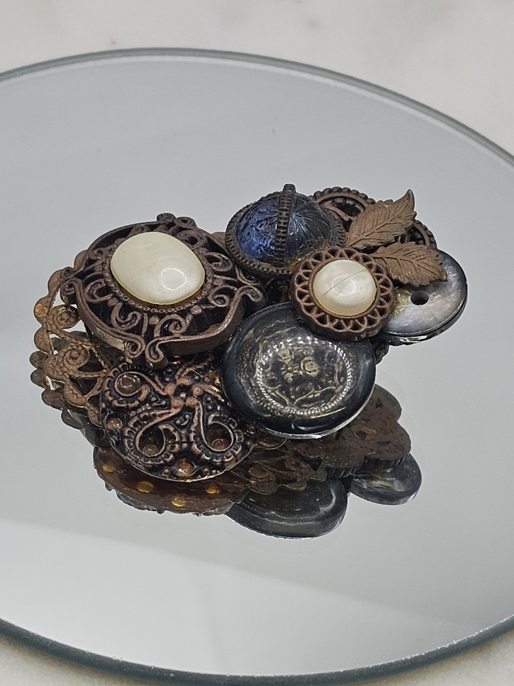 Vintage Button Collage Brooch Mixed Media Metal Glass Plastic Statement Pin