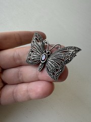 VTG Marcasite Garnet Butterfly Pin Brooch, Vintage, Signed 925, 9.6 Grams