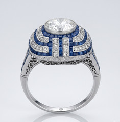 Art Deco Style Round Lab Created Diamond Sapphire Wedding 14K White Gold FN Ring