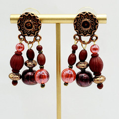 Burgundy Cranberry Copper Colored Multi Shape & Strand Bead Pierced Vtg Earrings