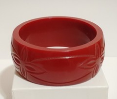 Chunky Burgundy Red Bangle Bracelet Carved Molded Modernist Resin Flowers