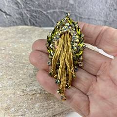Unsigned Hobe Vtg Rhinestone Waterfall Jellyfish Fringe brooch & earrings green