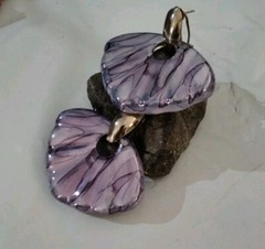 Purple Iridescent Glazed White Ceramic Shell Fan Pierced Earrings Vtg