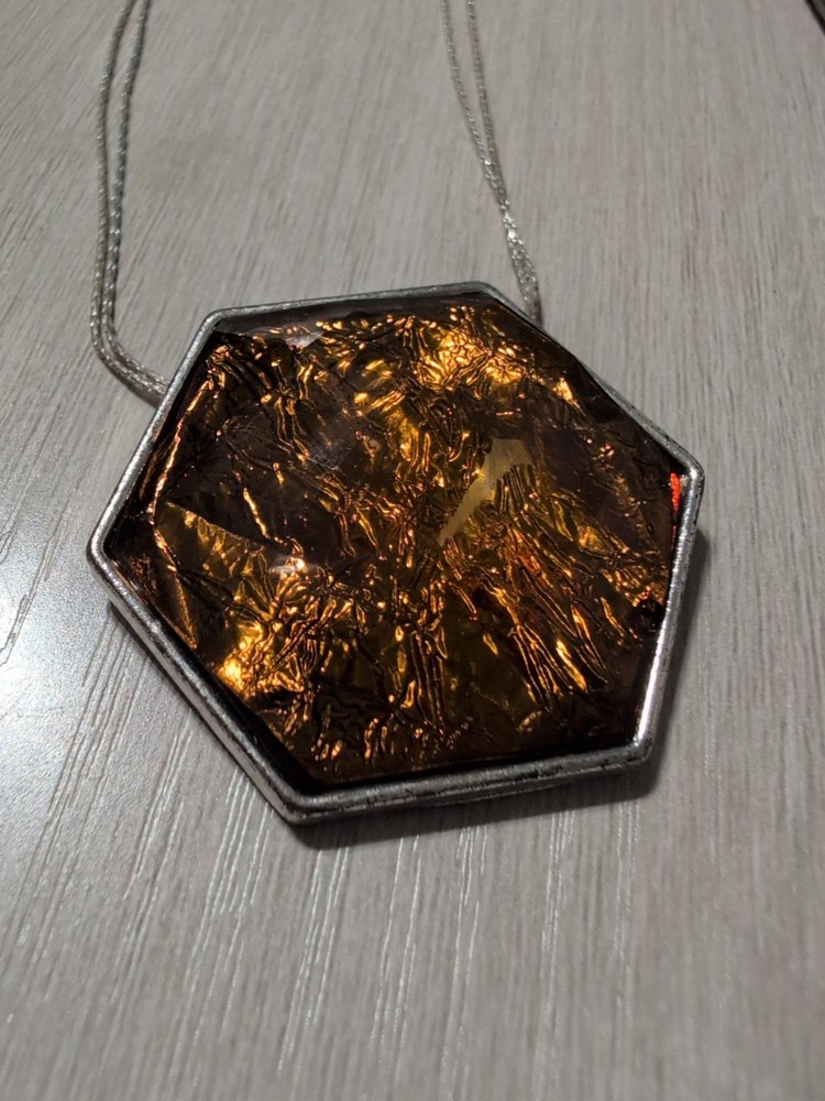 Silver Tone Hexagon Amber Foil Glass Pendant Necklace Boho Artisan Beaded