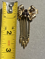Vintage Coro Bow Brooch Pin Purple Rhinestone Gold Tone Dangle Dangling Chains