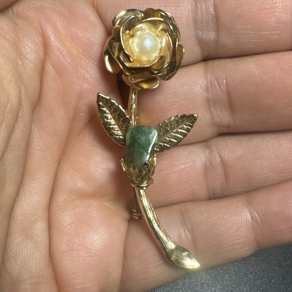 Vintage Moss Agate Simulated Pearl Rose Floral Brooch Pin Love Nature Garden