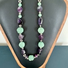 Vintage Carved Jade Rose And Amethyst Quartz Necklace Balance Wellness Luck
