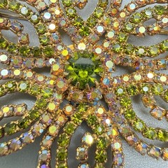 Large Vintage AB Rhinestone Flower Brooch Earrings Set 3″ Pink Green MCM Chic