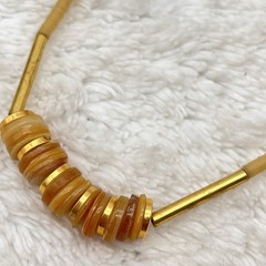 Vintage Signed Vogue Necklace Tan Heishi Beads Gold Tone Surfer Beach 14″