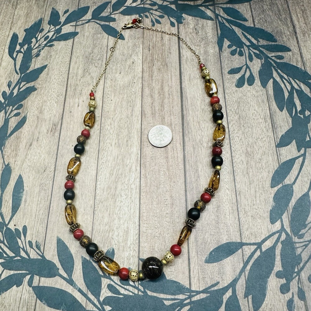 Gold Filled Glass Acrylic Metal Fall Colors Beaded Necklace Boho 18 In B2