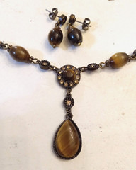 Avon Geniune Tigers Eye Y Necklace & Bead Dangle Earrings Adjustable Length 2008