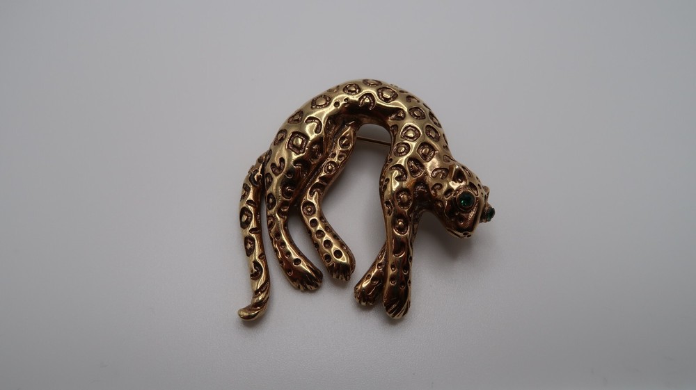 Vintage 4.5cm Gold Leopard Cheetah Moveable Tail Brooch Pin BB14