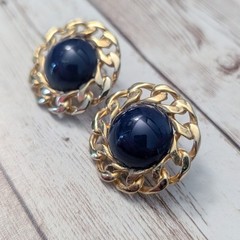 Vintage Stud Earrings For Pierced Ears Dark Blue with Chain Like Halo 1.25″