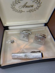 Vintage Anson Cuff Link Tie Bar Set – Original Box – Square – Silver Tone