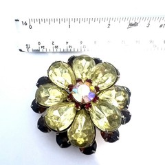 AB Rhinestone Brooch Pin Yellow & Brown Prong Set Gold Tone Floral Statement 2.5