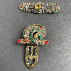 Vintage 1930s Art Deco Czech Rainbow Rhinestone Bar Brooch & Dress Clip Lot