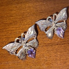 Vintage Purple Amethyst Silver Filigree Wing Butterfly Earrings.