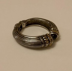 Vintage Silver Tone & Gold Tone Bracelet Black Onyx Striped Hinged Cuff