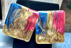 Vintage Multi Color Enamel Square Gold Tone Pierced Earrings, Blue/Gold/Maroon