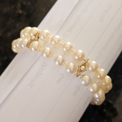 Ciner Faux Pearl Double Strand Beaded Bracelet Vintage Fancy Box Clasp 8.5 In