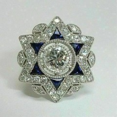Art Deco Round Lab Created Diamond & Sapphire Wedding 14K White Gold Finish Ring