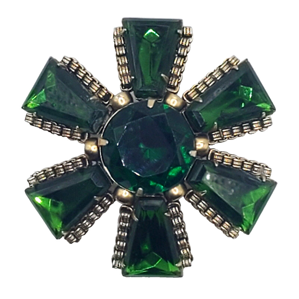 Vintage CZECH Glass Deep Green Brilliant & Tapered Baguette Rhinestone Brooch