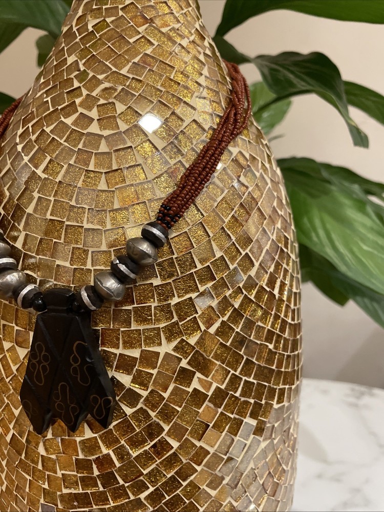 Vintage Handmade Statement Tribal Necklace with Wood, Metal & Red Beads 18”