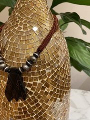 Vintage Handmade Statement Tribal Necklace with Wood, Metal & Red Beads 18”