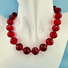 Vintage Red Glass Bead Choker Necklace Faceted Chunky Heavy Hand Knotted Czech?