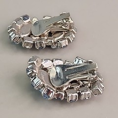 Vintage Rhinestone Clip On Earrings Blue AB Marquise Silver Tone 1.25″