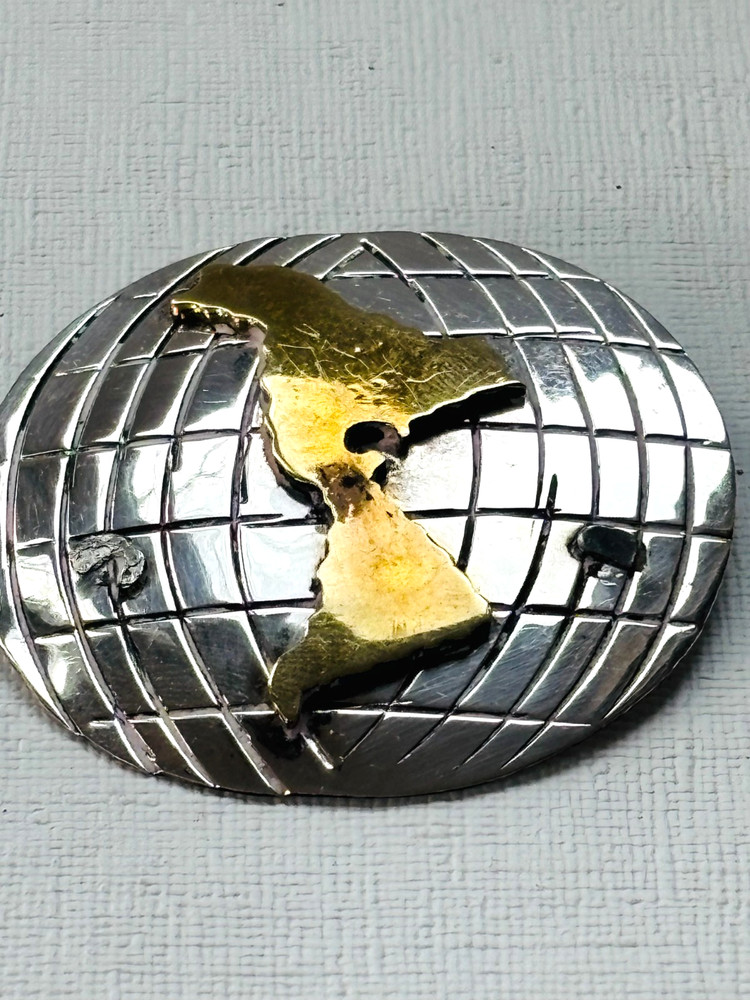 Vintage Sterling Silver Globe Brooch with Gold Continent Inset (Mid-20th Century