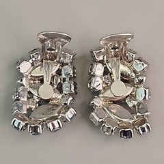 Vintage Rhinestone Clip On Earrings Blue AB Marquise Silver Tone 1.25″