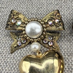 Vintage Earrings Large Gold Tone Bows Puffy Hearts AB Rhinestones 2.5 Inches