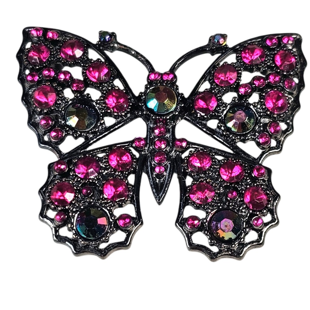 Vintage Jeweled Butterfly Brooch Pink Aurora Borealis Pin Rhinestone 2.25″