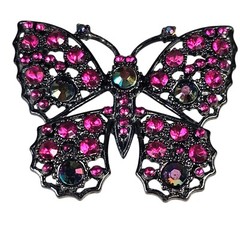 Vintage Jeweled Butterfly Brooch Pink Aurora Borealis Pin Rhinestone 2.25″