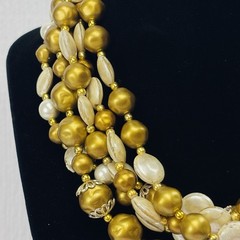 Vintage Japan 5 Strand Beaded Necklace Gold & White C956