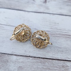 Vintage Clip On Earrings Faux Pearl with Gold Tone Spiral Halo 0.75″