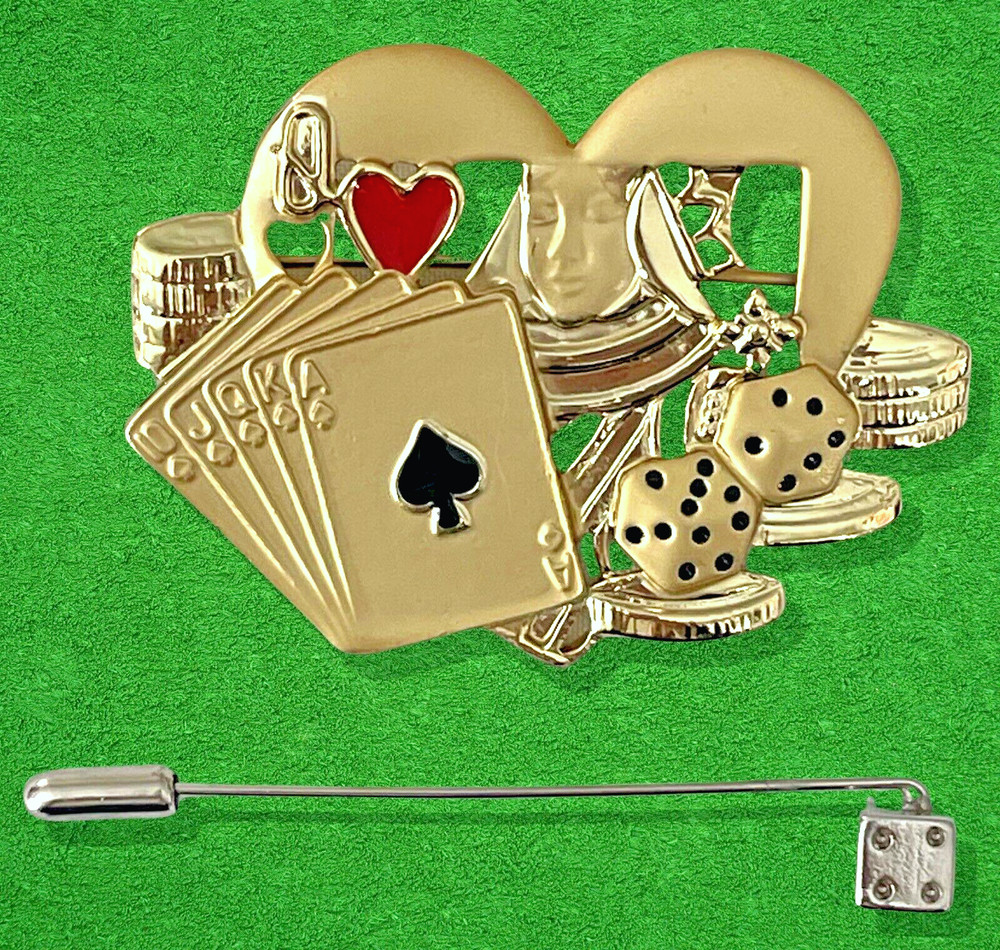 VTG AJC Brooch Pin Queen of Hearts Royal Flush Chips Dice Goldtone Enamel &Bonus