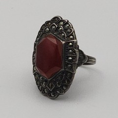 Antique Art Deco Gothic Carnelian Markasite Sterling Silver Vintage Ring Size 6