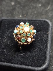 14KT ROSE GOLD PRINCESS RING EMERALDS RUBYS SAPHIRES SIZE 5 3/4 6.3 GRS.